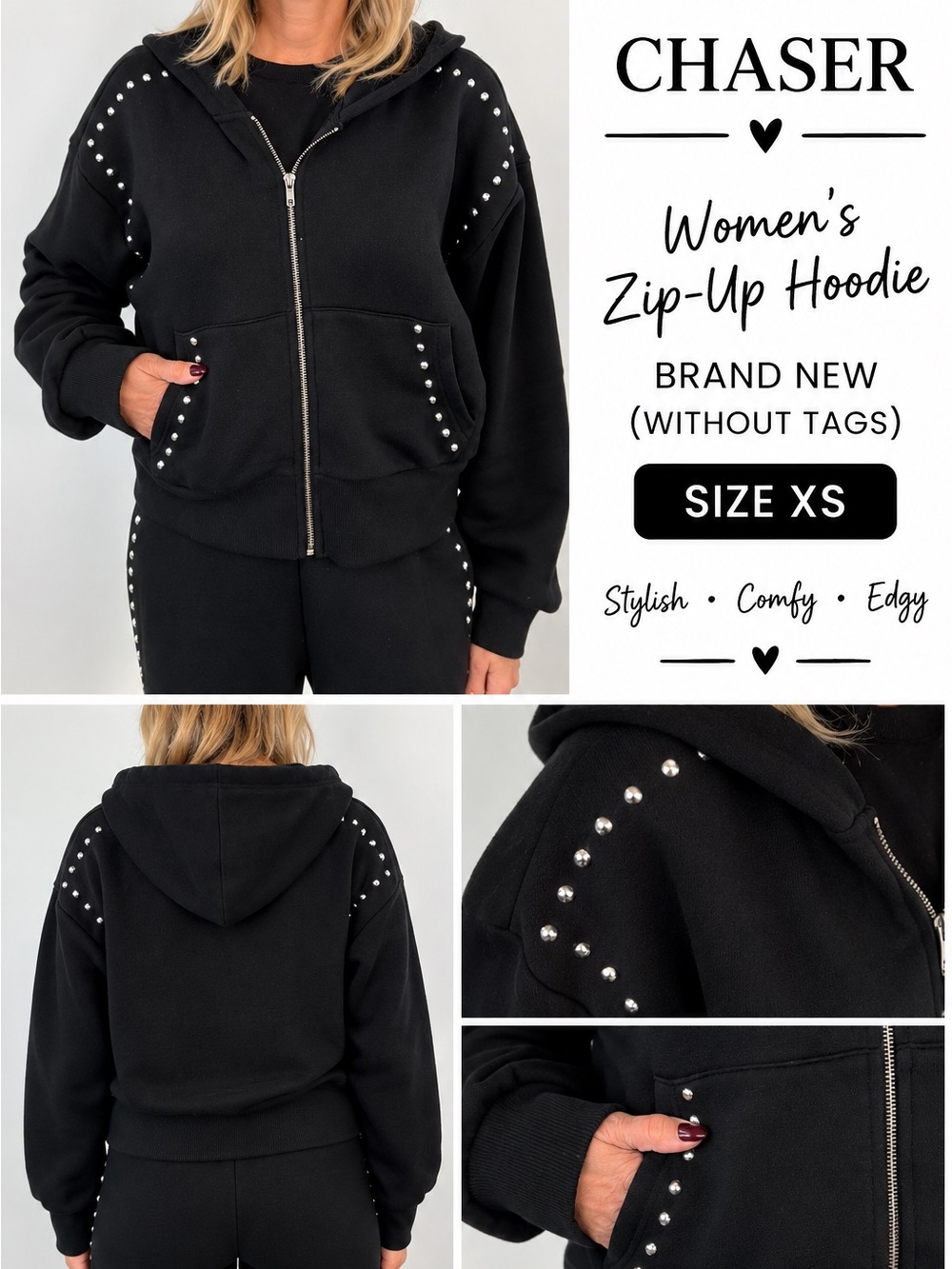 Chaser Black Stud-Accent Zip-Up Hoodie